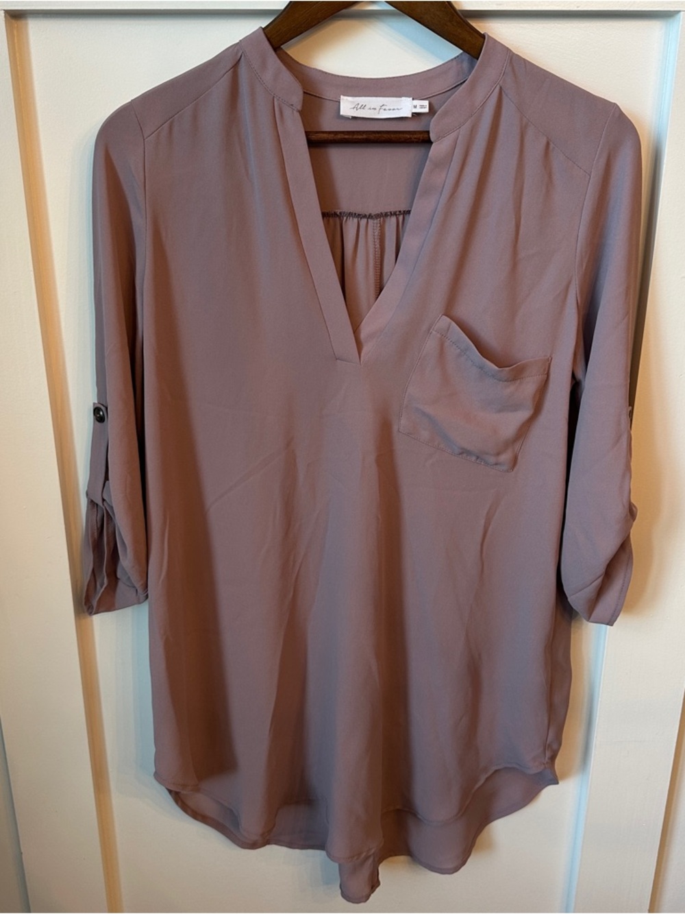 All in Favor Dusty Mauve V-Neck Roll-Sleeve Blouse